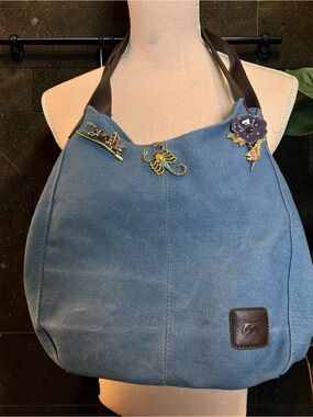 Blue Denim Canvas Hobo Tote Shoulder Bag 3 Brooches Multi Pocket